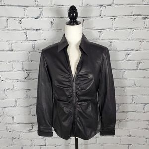 Lafayette 148 Black Leather Zip Ruched Jacket